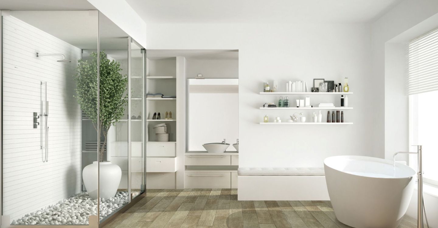 Glass shower in white bathroom in Missoula, MT